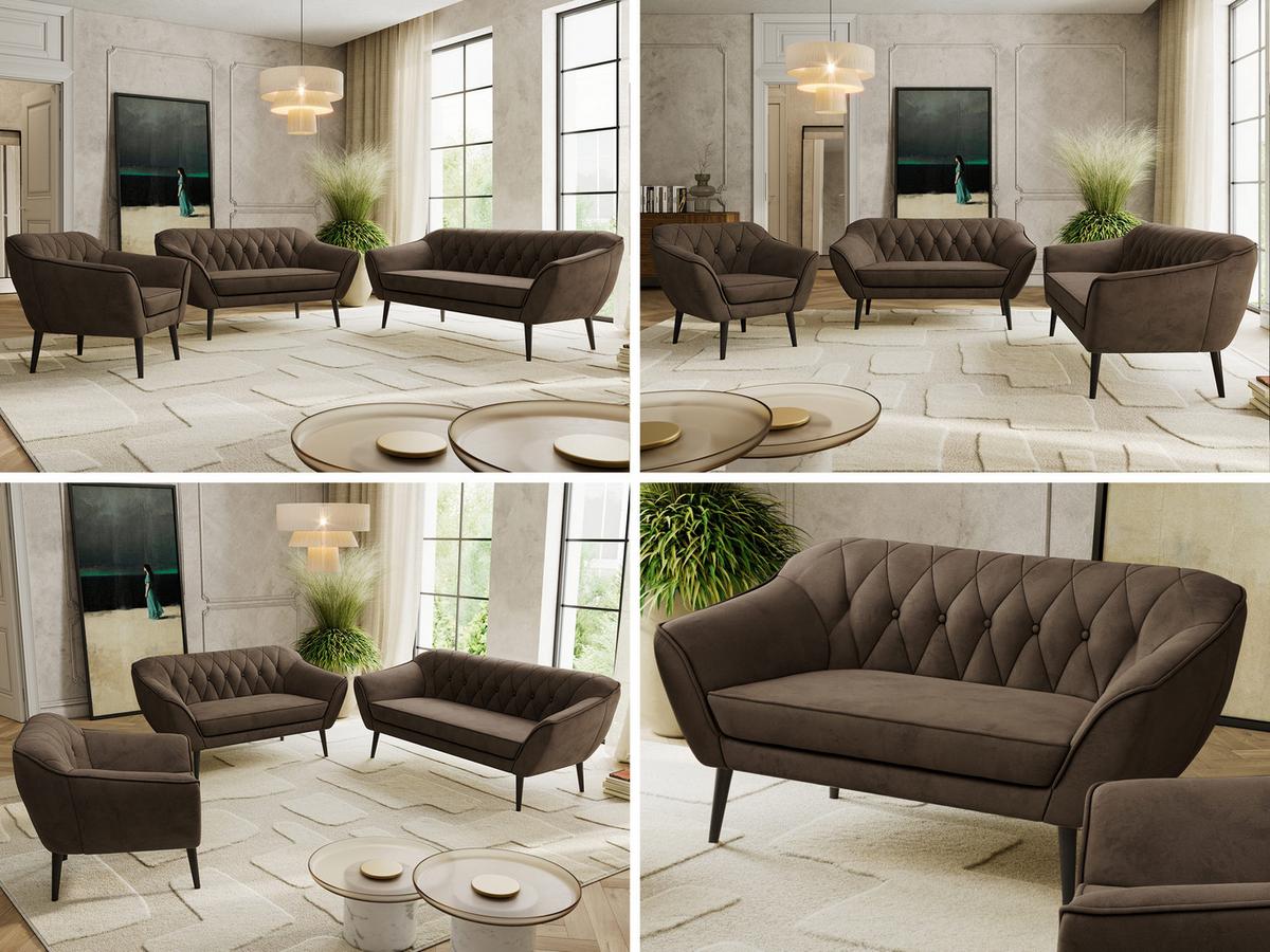 SITZGARNITUR PIRS 3+2+1 - Braun Velvet - Schwarze Beine - Dunkelbraun/Schwarz, Holzwerkstoff/Textil (180/75/74cm) - MKS