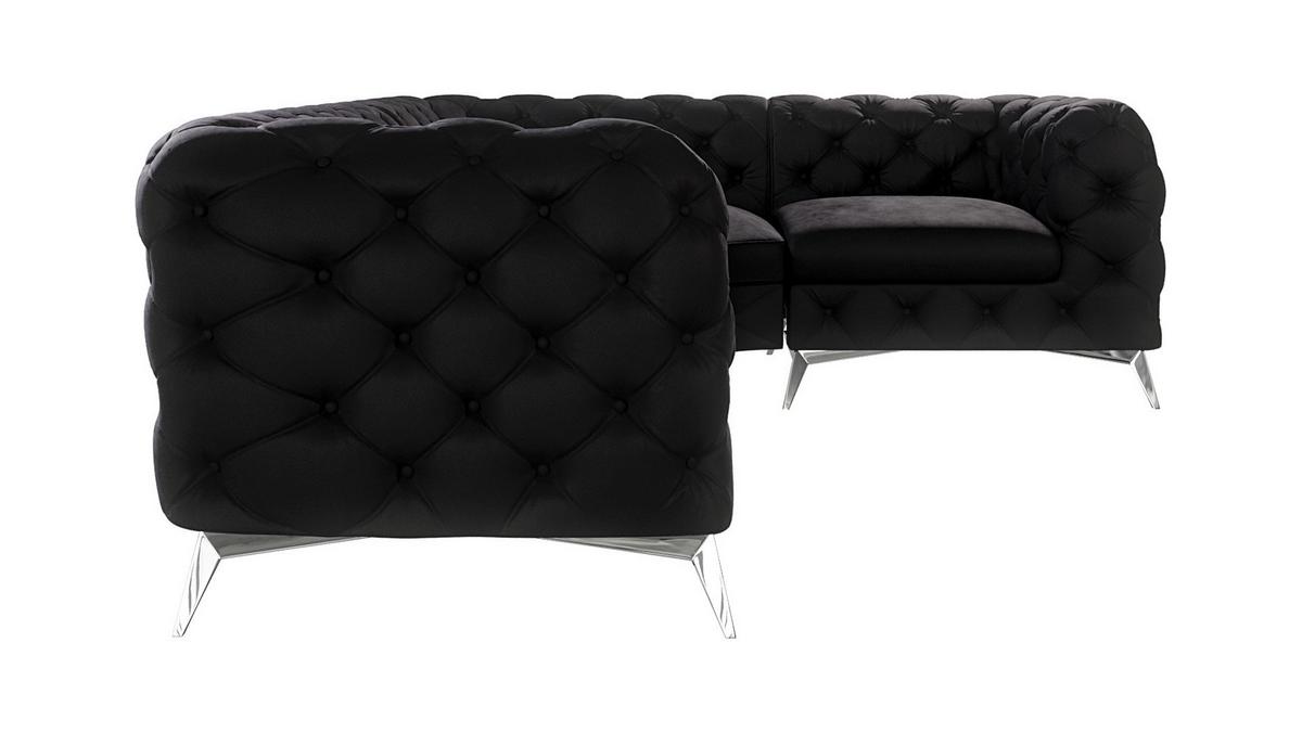 ECKSOFA Chesterfield Laura Schwarz Samt, Ottomane rechts - Silberfarben/Schwarz, Holz/Textil (264/204cm) - S-Style