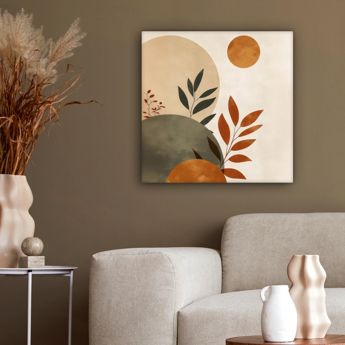 LEINWANDBILD Formen - Rund - Blätter - Beige Wandbild Wohnzimmer 50x50 cm - Rostfarben, Textil (50/50cm) - MuchoWow