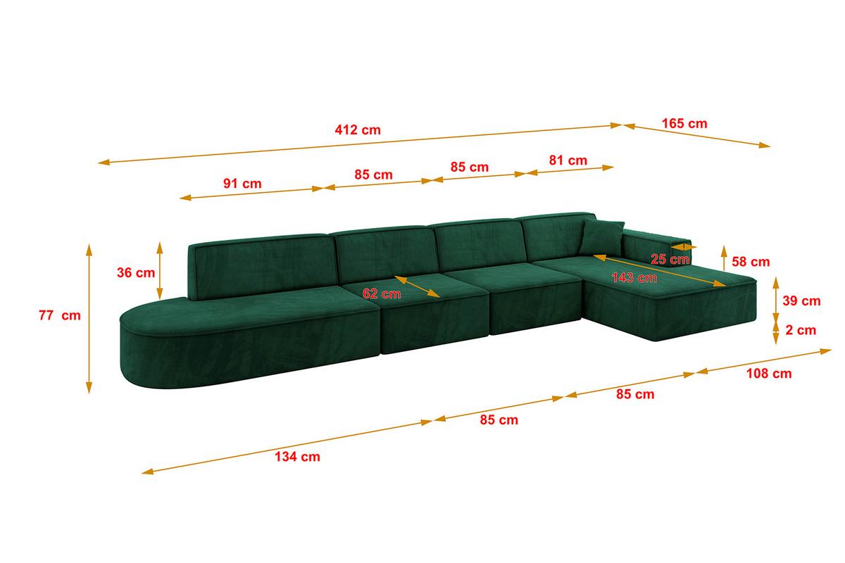 ECKSOFA Ottomane Rechts IREA-L3-v4 - 412x165x77 cm Grün - Dunkelgrün, Holzwerkstoff/Textil (412/165cm) - ALTDECOR