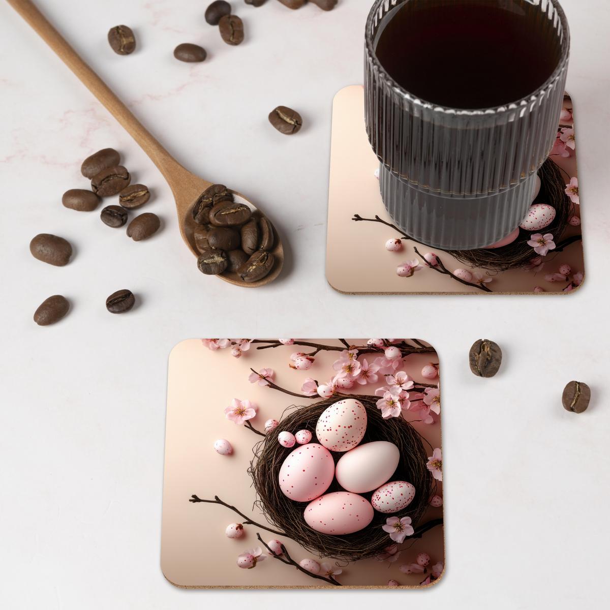 GLASUNTERSETZER 6er-Set Rosa - Blüten - Eier Tischset für Gläser 10x10 cm - Hellrosa, Naturmaterialien (10/0.2cm) - MuchoWow