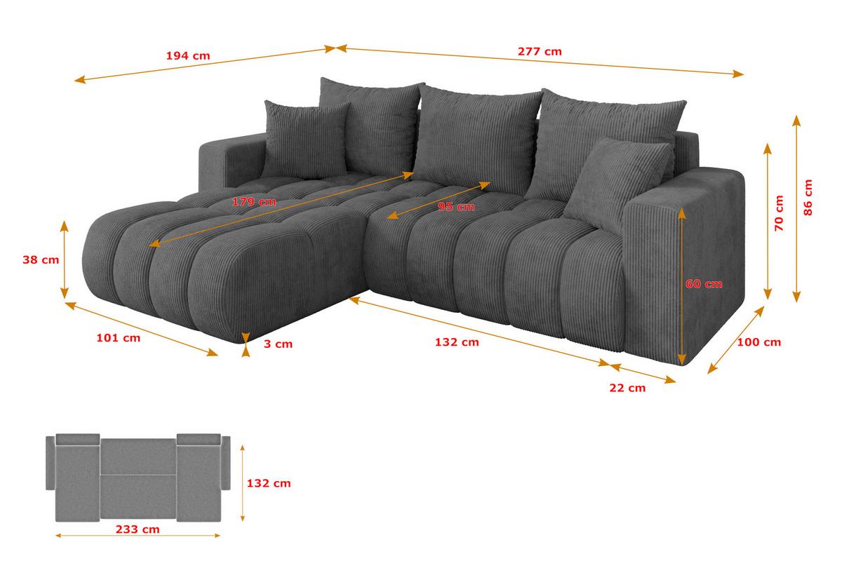 ECKSOFA mit Schlaffunktion Ottomane Links MILA-L-v1 277x195x86 Dunkelgrau Cord - Dunkelgrau/Schwarz, Holzwerkstoff/Kunststoff (277/194cm) - ALTDECOR