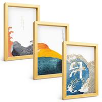 BILDER SET 3er Set - 20x30 cm Goldrahmen - Wellen des japanischen Grafikstils - Goldfarben, Kunststoff (20/30cm) - TULUP