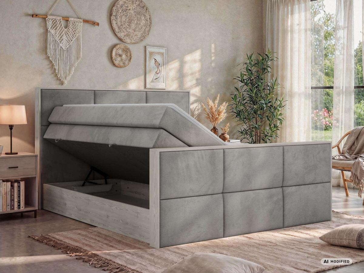 BOXSPRINGBETT DELNOR KING DUO 140/200 - Hellgrau Velvet - Topper Visco - H3 - Hellgrau/Schwarz, Kunststoff/Textil (140/200cm) - MKS