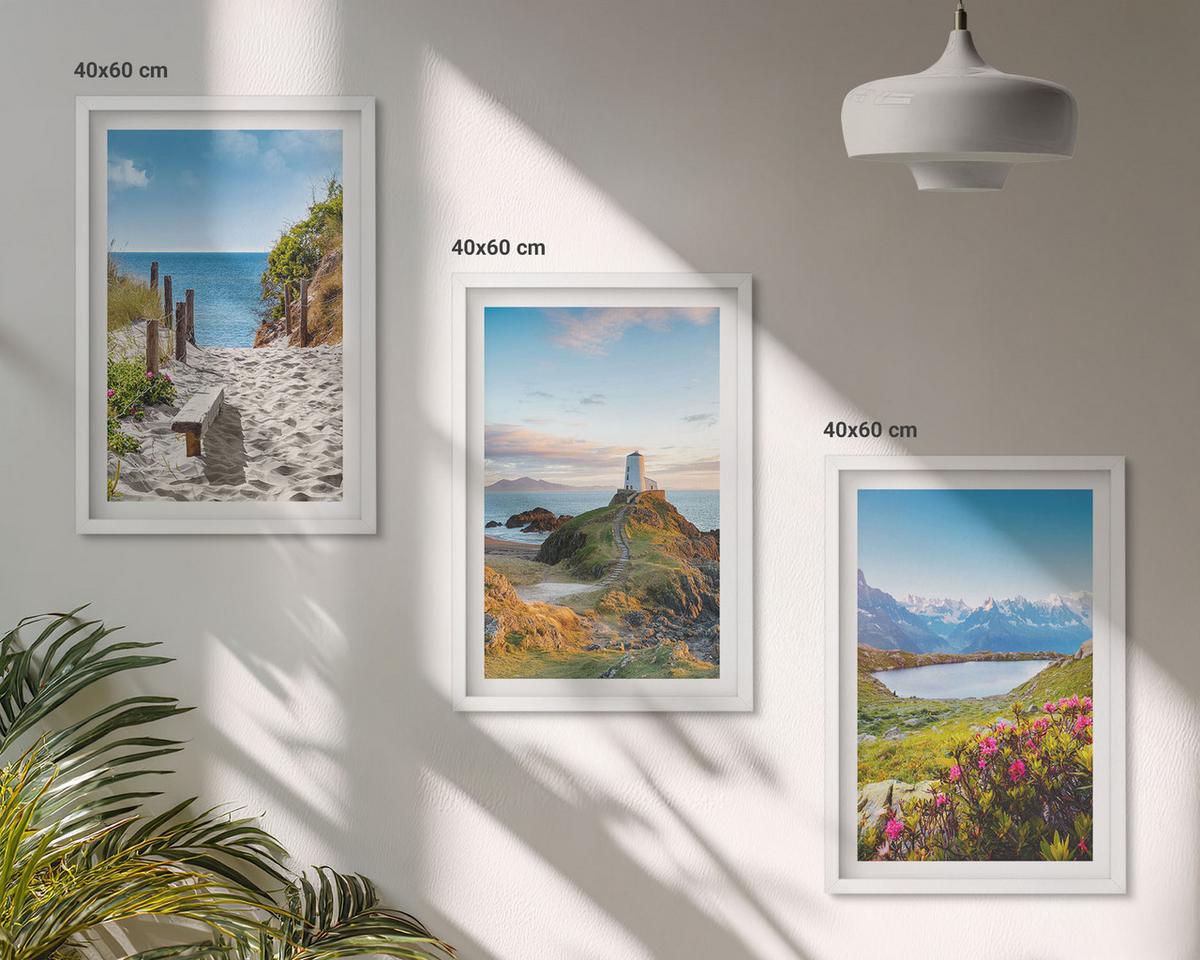 BILDER SET 3er Set - 40x60 cm Weißer Rahmen - Strand, Leuchtturm, Berge, Blumen - Weiß, Kunststoff (40/60cm) - TULUP