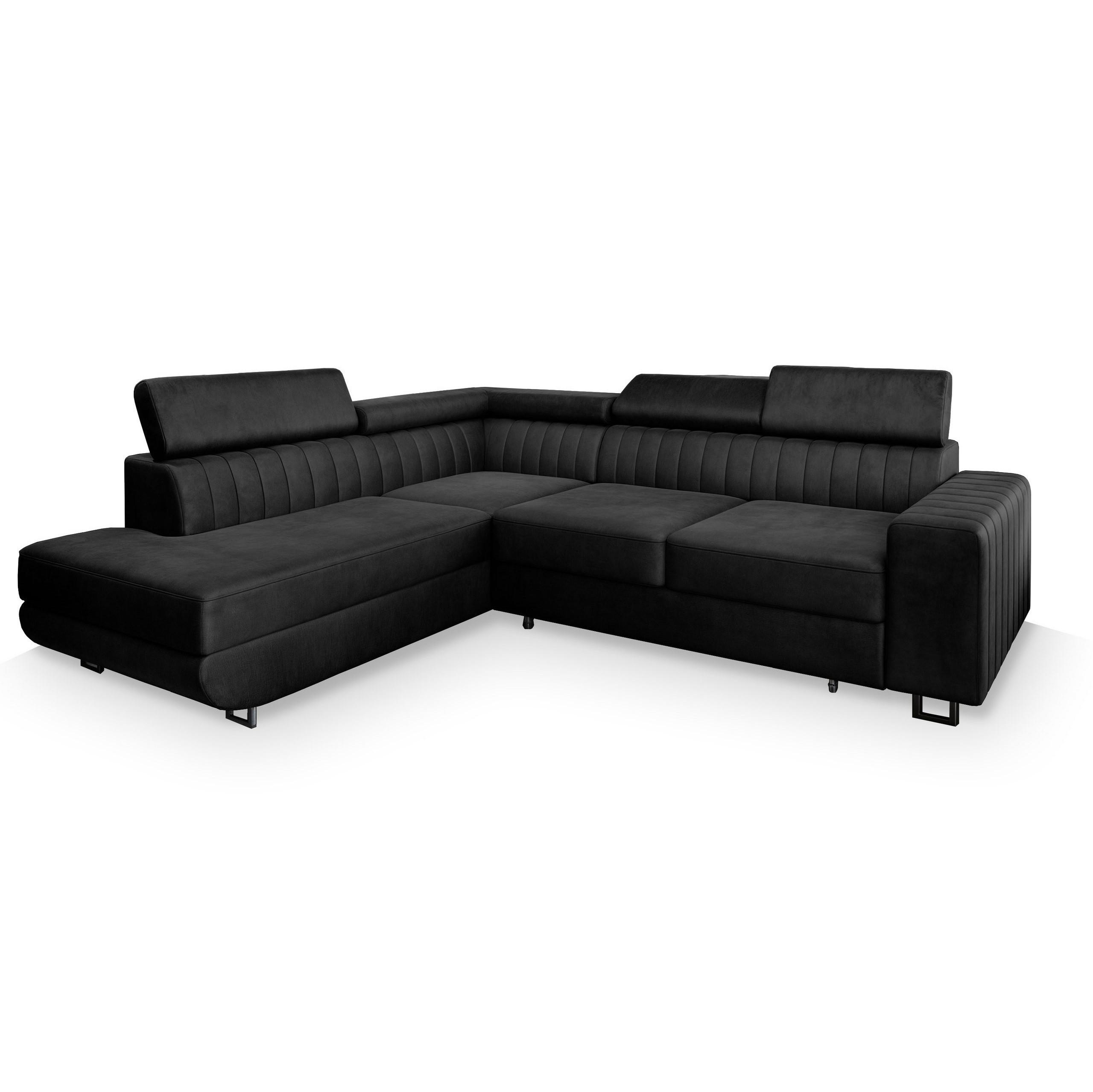 ECKSOFA NOLA L-S Schwarz Velours-Stoff mit Schlaffunktion - Silberfarben/Schwarz, Holz/Textil (253/190cm) - MASSENO