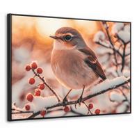 LEINWAND Bilder mit Rahmen - Vogel - Zweig - Winter - Tiere - Schnee - 100x70 - Bernsteinfarben, Textil (100/70cm) - MuchoWow