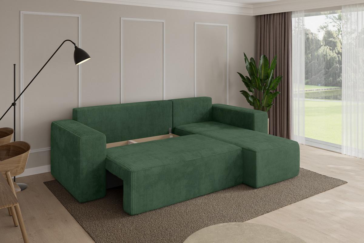 ECKSOFA mit Schlaffunktion Ottomane Rechts SENO-L 249x139x85 Grün Cord - Dunkelgrün/Schwarz, Holzwerkstoff/Kunststoff (249/139cm) - ALTDECOR
