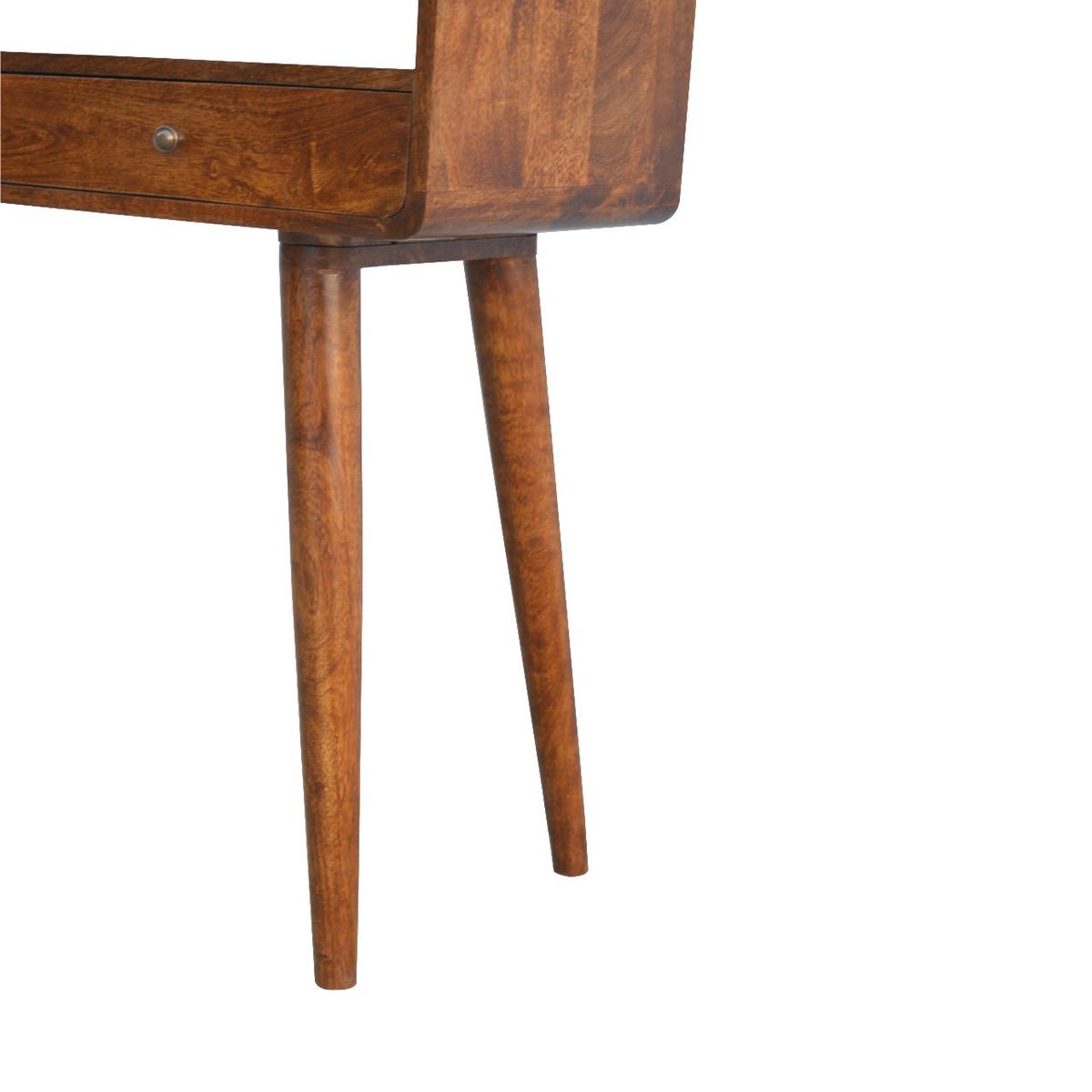 GEKRÜMMTES KONSOLENTISCH im Kastanienholz-Finish, 2 Schubladen, 1 Offenes Fach, Beine im Nordischen Stil, Braun - Messingfarben/Braun, Holz/Metall (35/90/90cm) - Artisan Furniture