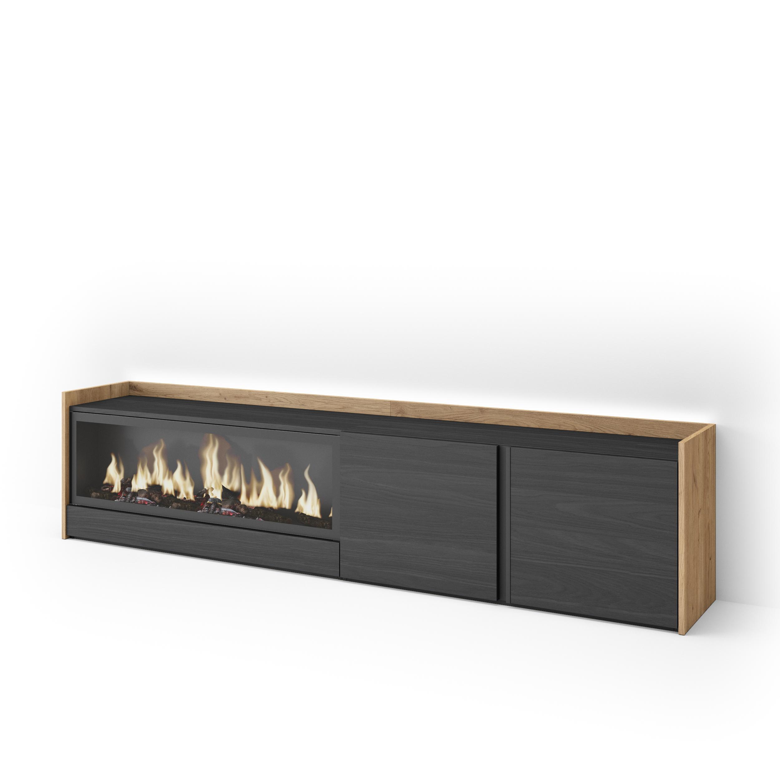 LOWBOARD, Schwarz und Eiche, 212/35/50cm, Kamin mit Feuereffekt XXL - Schwarz, Holzwerkstoff (212/50/35cm) - Skraut Home