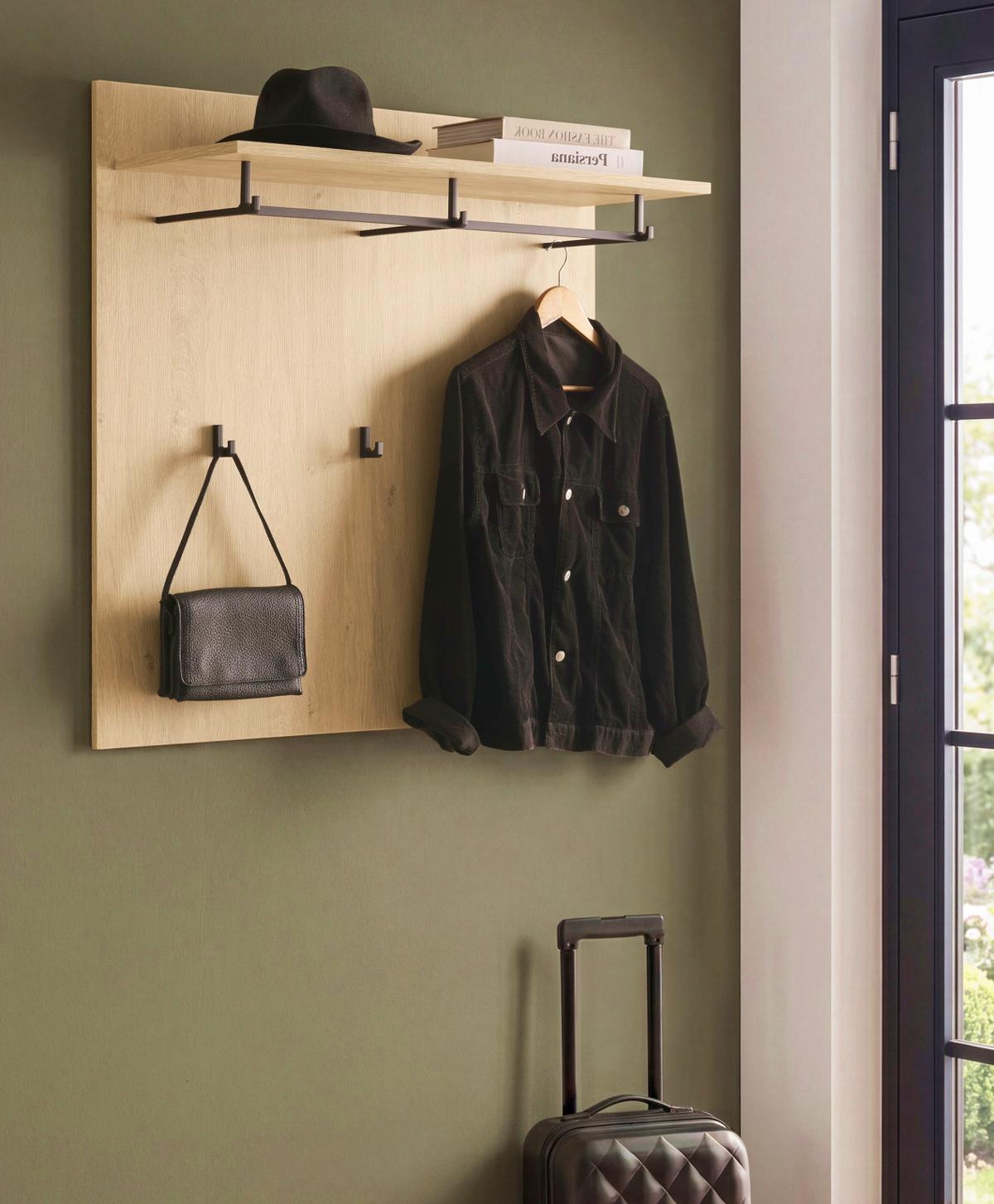 GARDEROBENPANEEL Stone Eiche 90 x 90 cm, Wandgarderobe mit Hutablage - Eichefarben/Schwarz, Holzwerkstoff/Metall (90/90/30cm) - Furn.Design