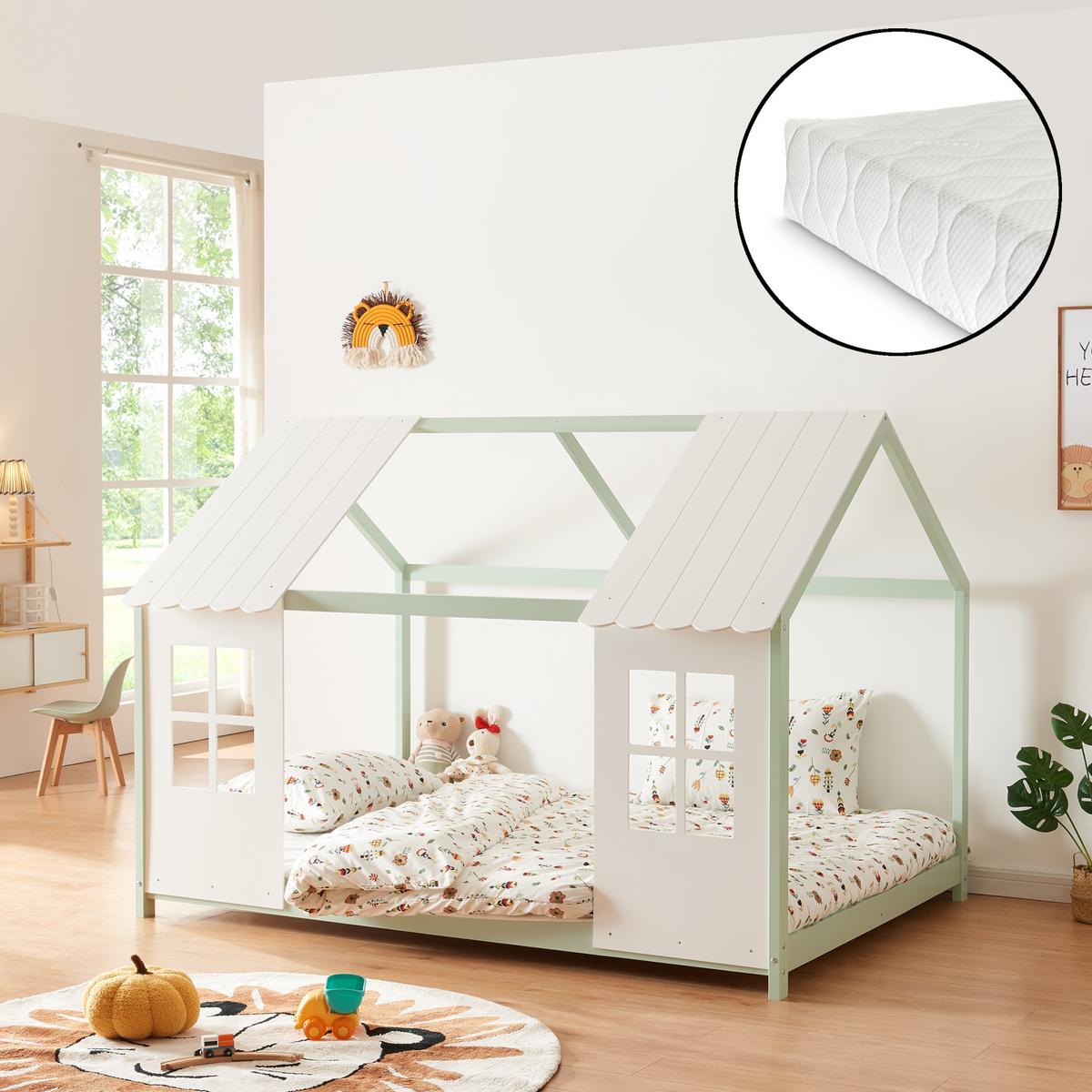 HAUSBETT Tostedt mit Matratze - Weiß/Mintgrün, Holz/Textil (140/200cm) - [en.casa]
