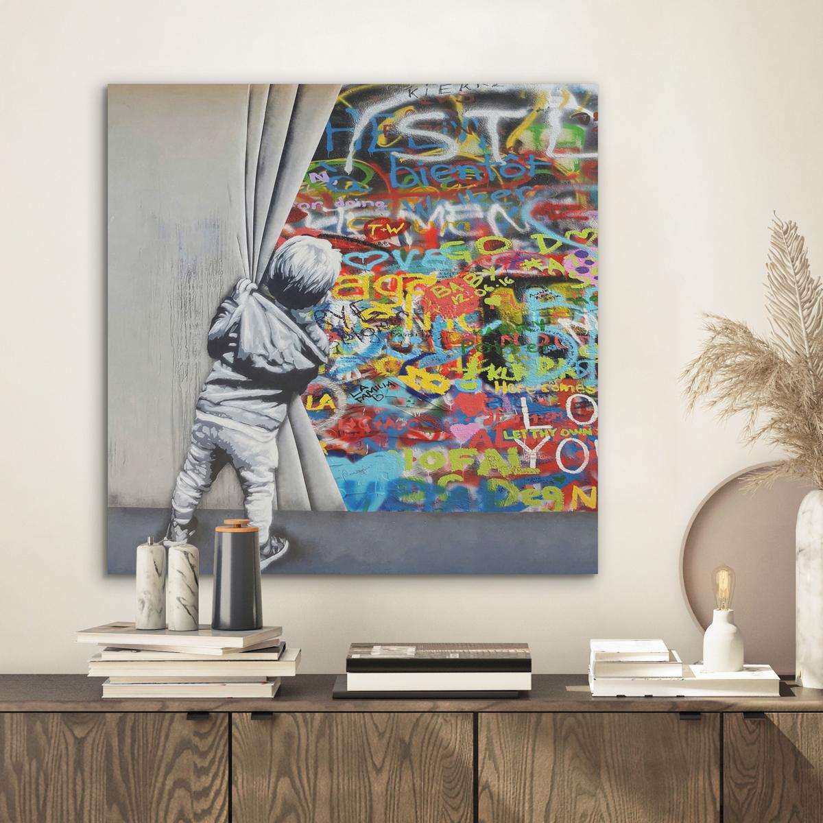 AKUSTIKBILD Graffiti - Junge - Ilussie - Straßenkunst Wandbilder 60x60 cm - Hellgrau, Kunststoff (60/60/0.9cm) - MuchoWow