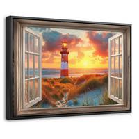 LEINWAND Bilder mit Rahmen - Aussicht - Fenster - Leuchtturm - Sonnenuntergang - Strand - 30x20 - Dunkelorange, Textil (30/20cm) - MuchoWow