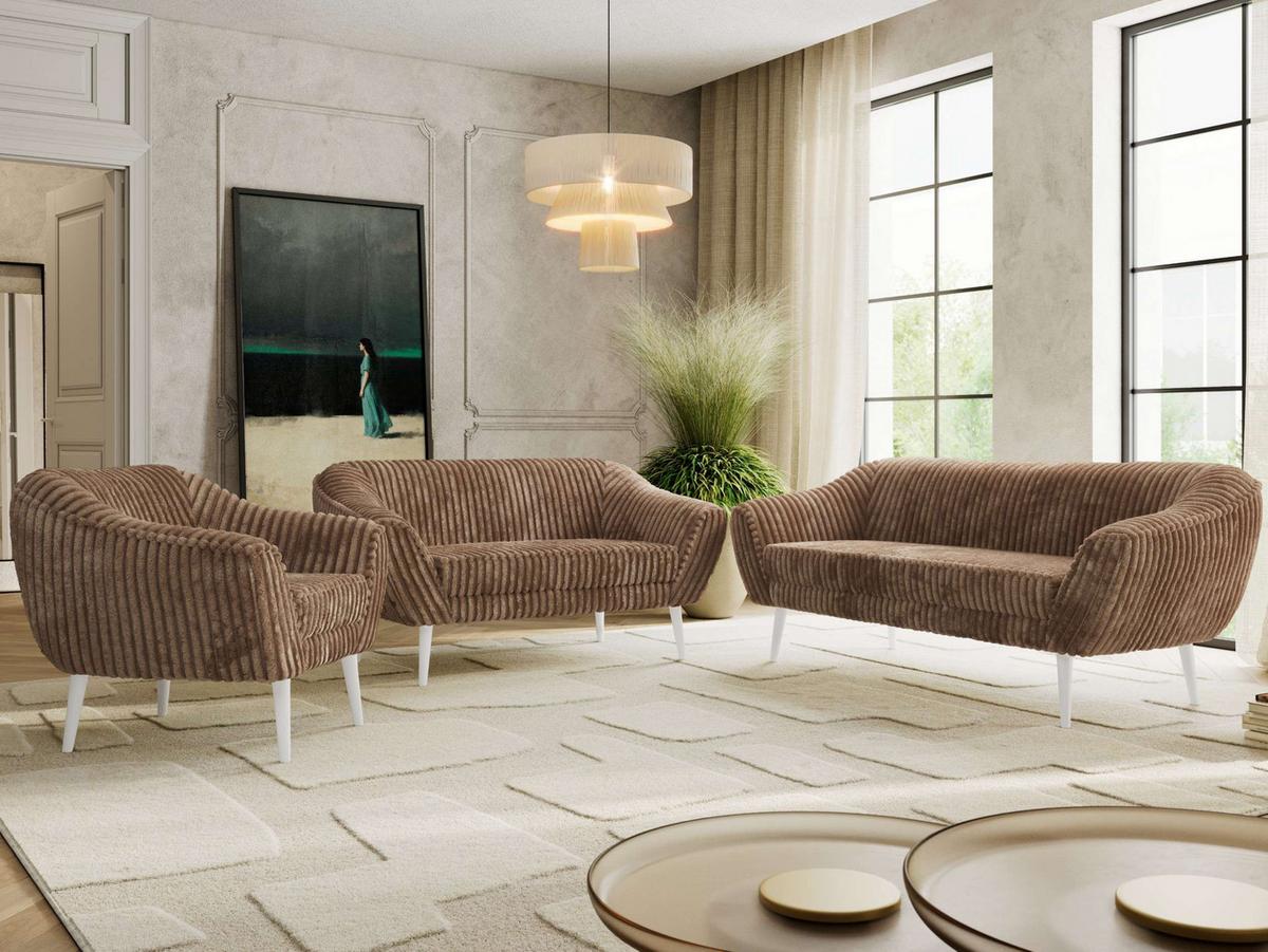 SITZGARNITUR PIRS 3+2+1 - Braun Cord - Weiße Beine - Braun/Weiß, Holzwerkstoff/Textil (180/75/74cm) - MKS