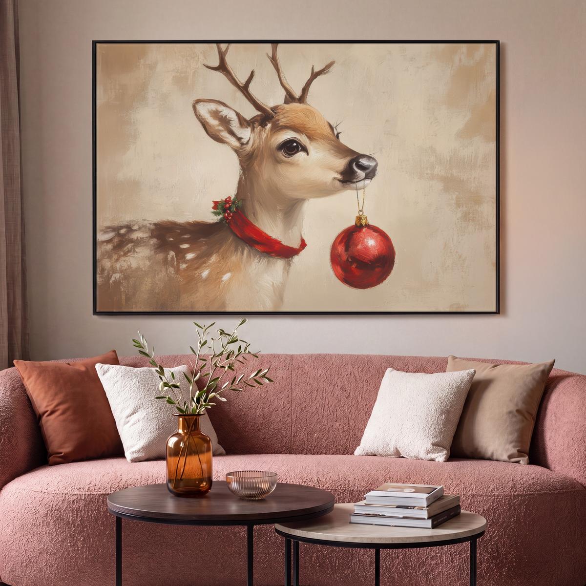 LEINWAND Bilder mit Rahmen - Weihnachten - Hirsch - Geweih - Weihnachtskugel - Rentier - 120x80 - Hellbraun, Textil (120/80cm) - MuchoWow