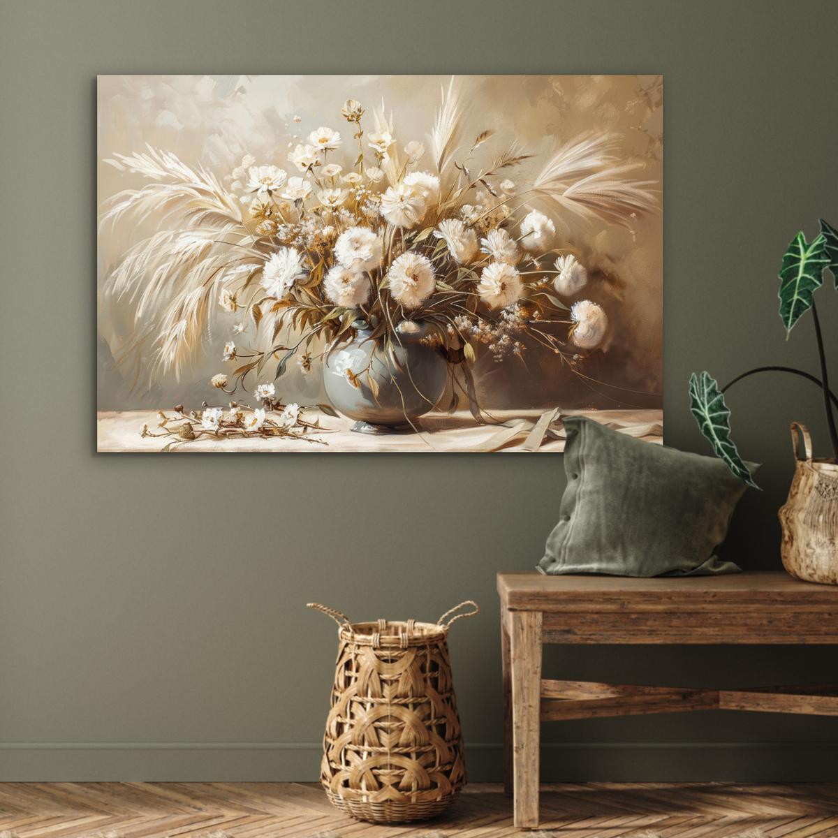 METALLBILD Blumen - Vase - Stilleben - Beige Wanddeko 90x60 cm - Creme, Metall (90/60cm) - MuchoWow