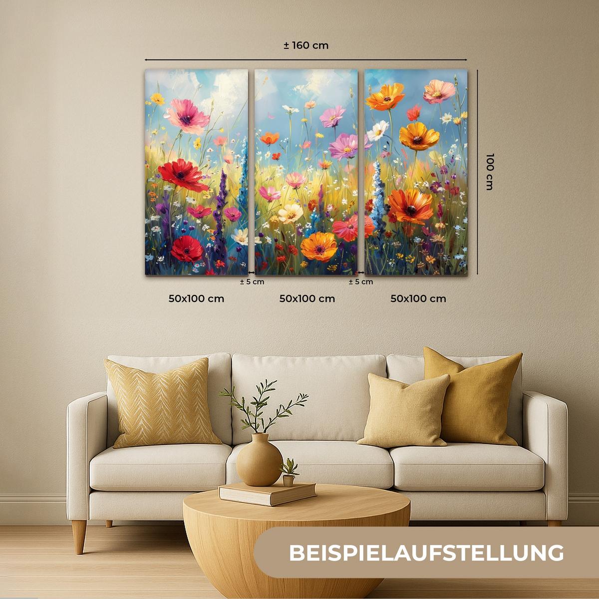 LEINWANDBILD 3er Set Blumen - Frühling - Farbenfroh - Sommerlich 180x120 cm - Orange, Textil (180/120cm) - MuchoWow