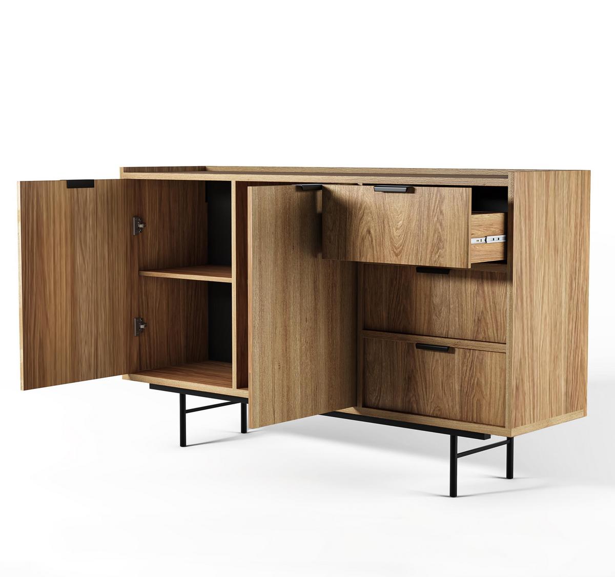 SIDEBOARD Nordiva 2T 3S Hikora Natur 150/90/40 cm – Metallgestell - Schwarz/Naturfarben, Holzwerkstoff/Metall (150/91/40cm) - AX Living