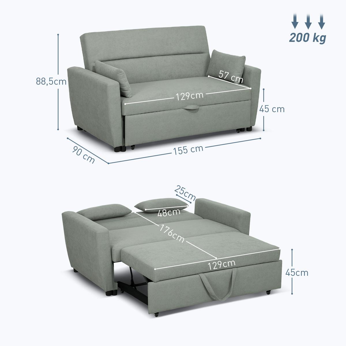 SCHLAFSOFA, 2-Sitzer Sofa mit Schlaffunktion, Verstellbare Rückenlehne, Hellgrau - Hellgrau, Textil (90/88.5/155cm) - HOMCOM