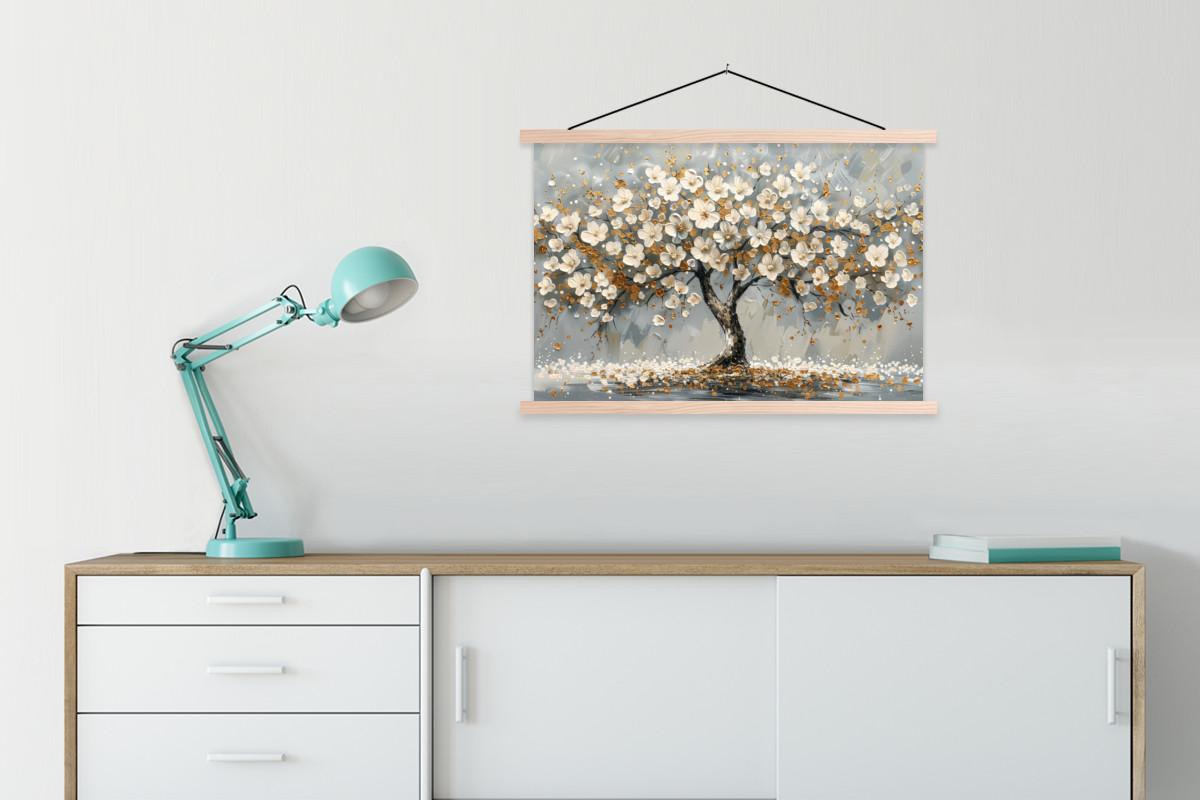 POSTER MIT MAGNETLEISTEN Baum - Blumen - Weiß - Natur - Kunst Wanddeko 90x60 cm - Weiß, Textil (90/60/0.15cm) - MuchoWow