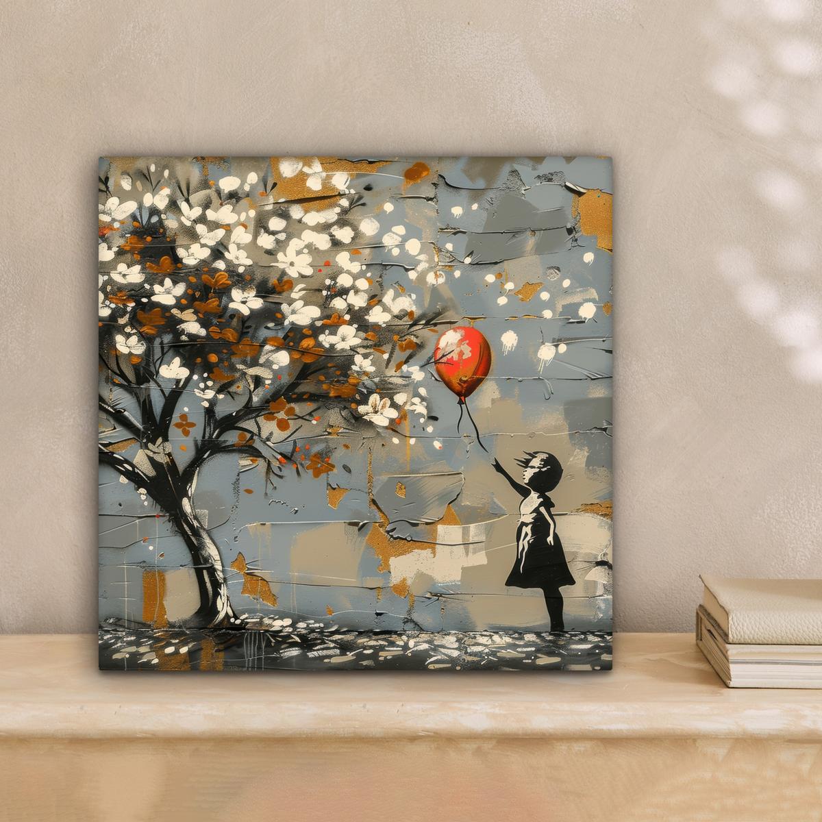 LEINWANDBILD Baum - Graffiti - Banksy-Stil - Ballon-Mädchen Deko Wohnzimmer 20x20 cm - Blaugrau, Textil (20/20cm) - MuchoWow