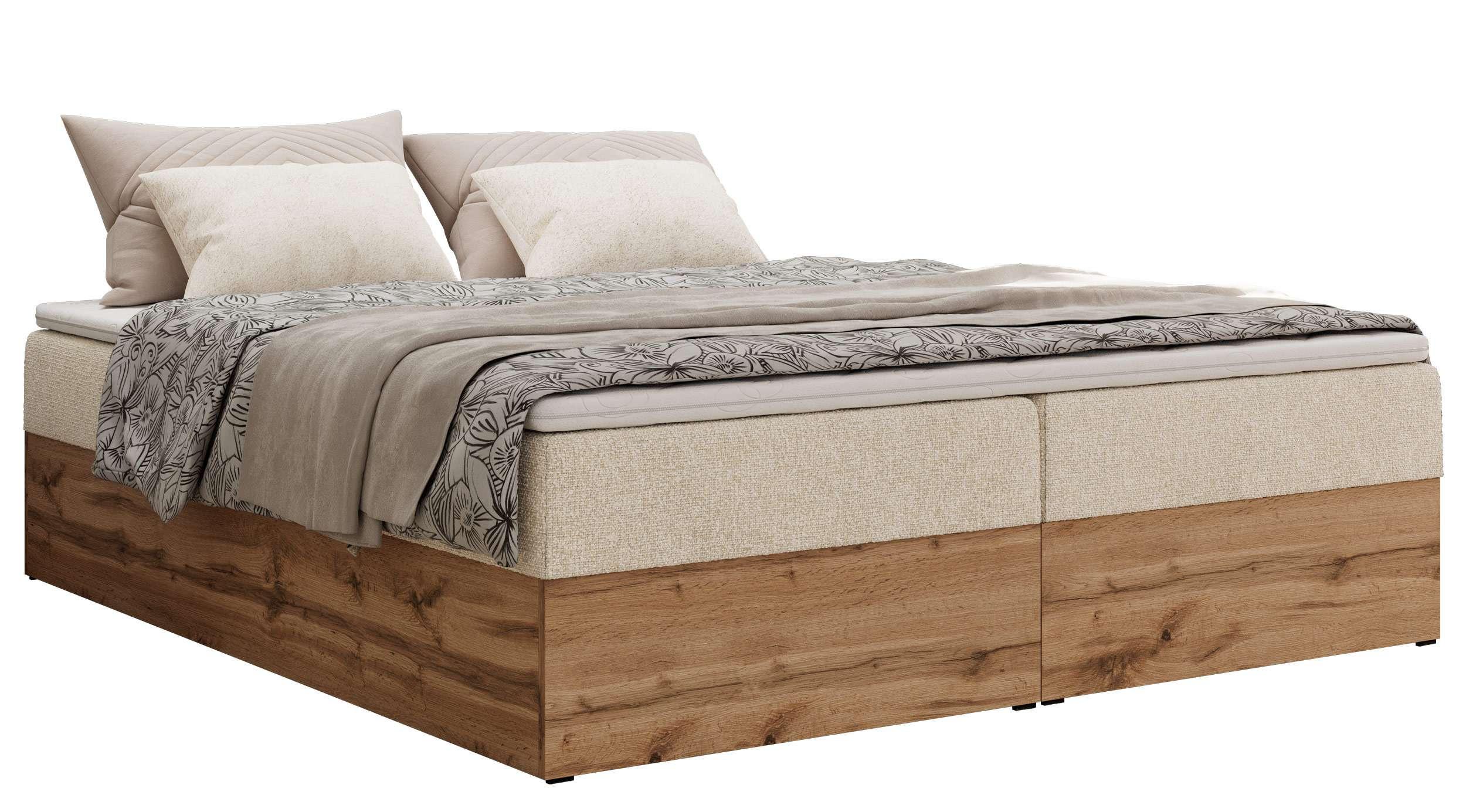 BOXBETT WOOD ZERO 160/200 - Creme Struktur - H4 - Topper Visco - Creme, Textil (160/200cm) - MKS