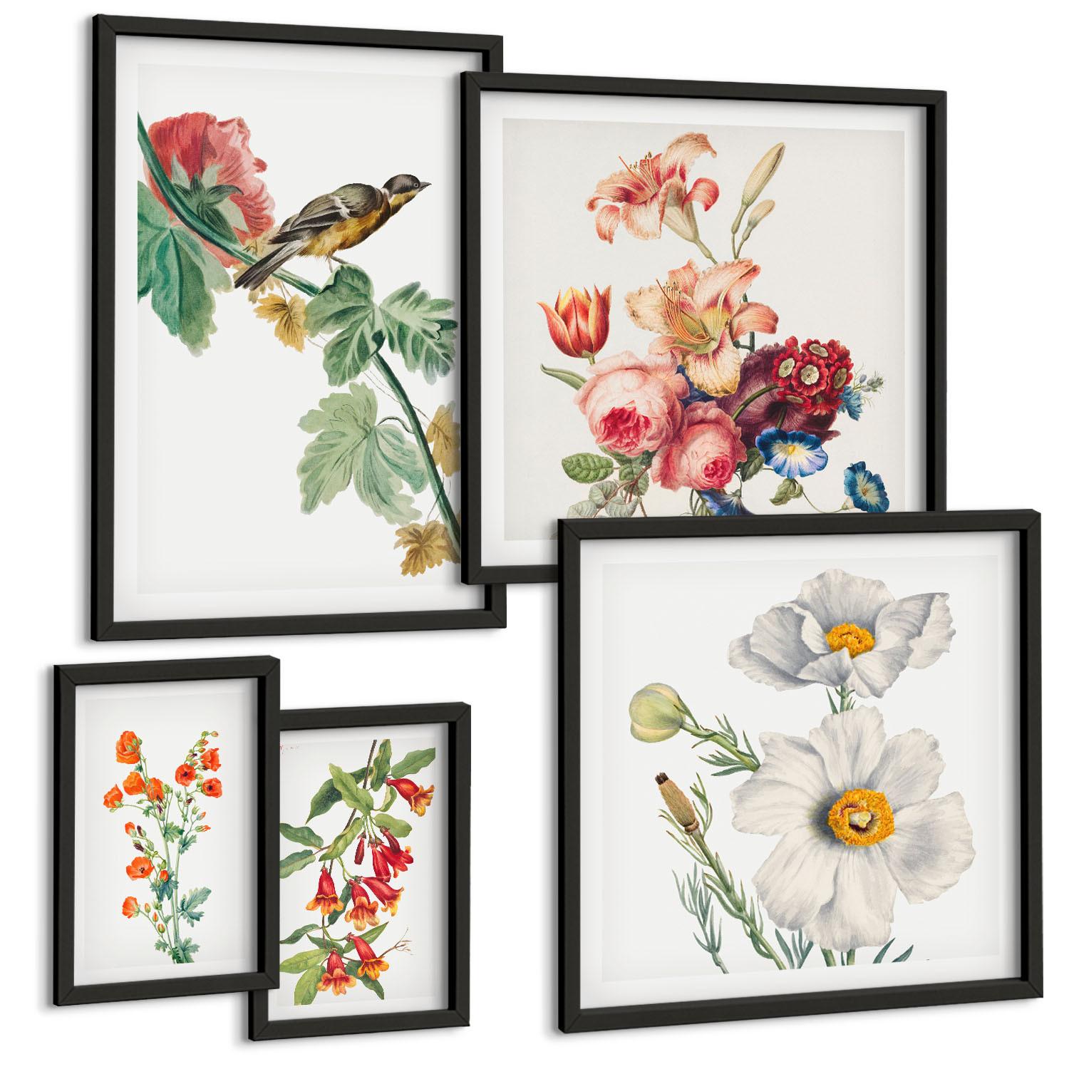 BILDER SET 5er Set - 50x50 cm & 20x30 cm & 40x60 cm Schwarzer Rahmen - Gemalte Blumen, Retro-Vogel - Schwarz, Kunststoff (40/60cm) - TULUP