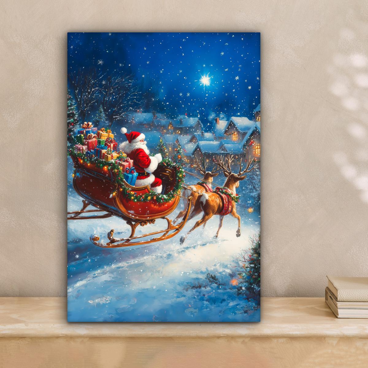 LEINWANDBILD Weihnachtsmann - Rentier - Weihnachten - Schnee Deko Wohnzimmer 20x30 cm - Cognac, Textil (20/30cm) - MuchoWow