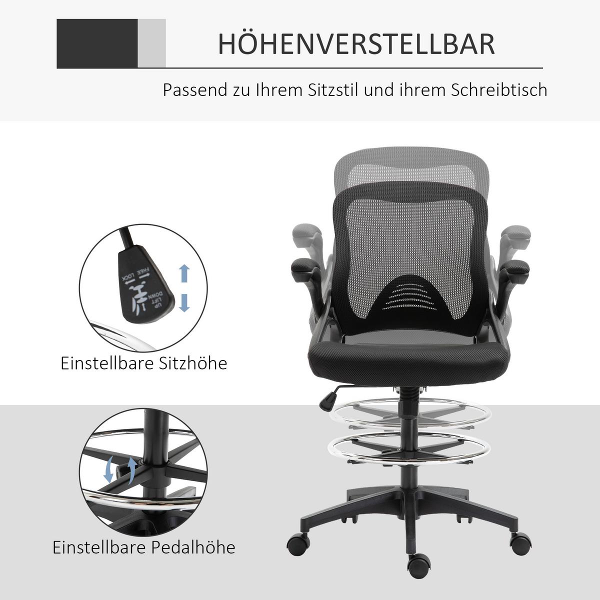 MESH Zeichenstuhl Ergonomischer Bürostuhl mit Rollen drehbar Schwarz - Schwarz, Textil (60/126/64cm) - Vinsetto