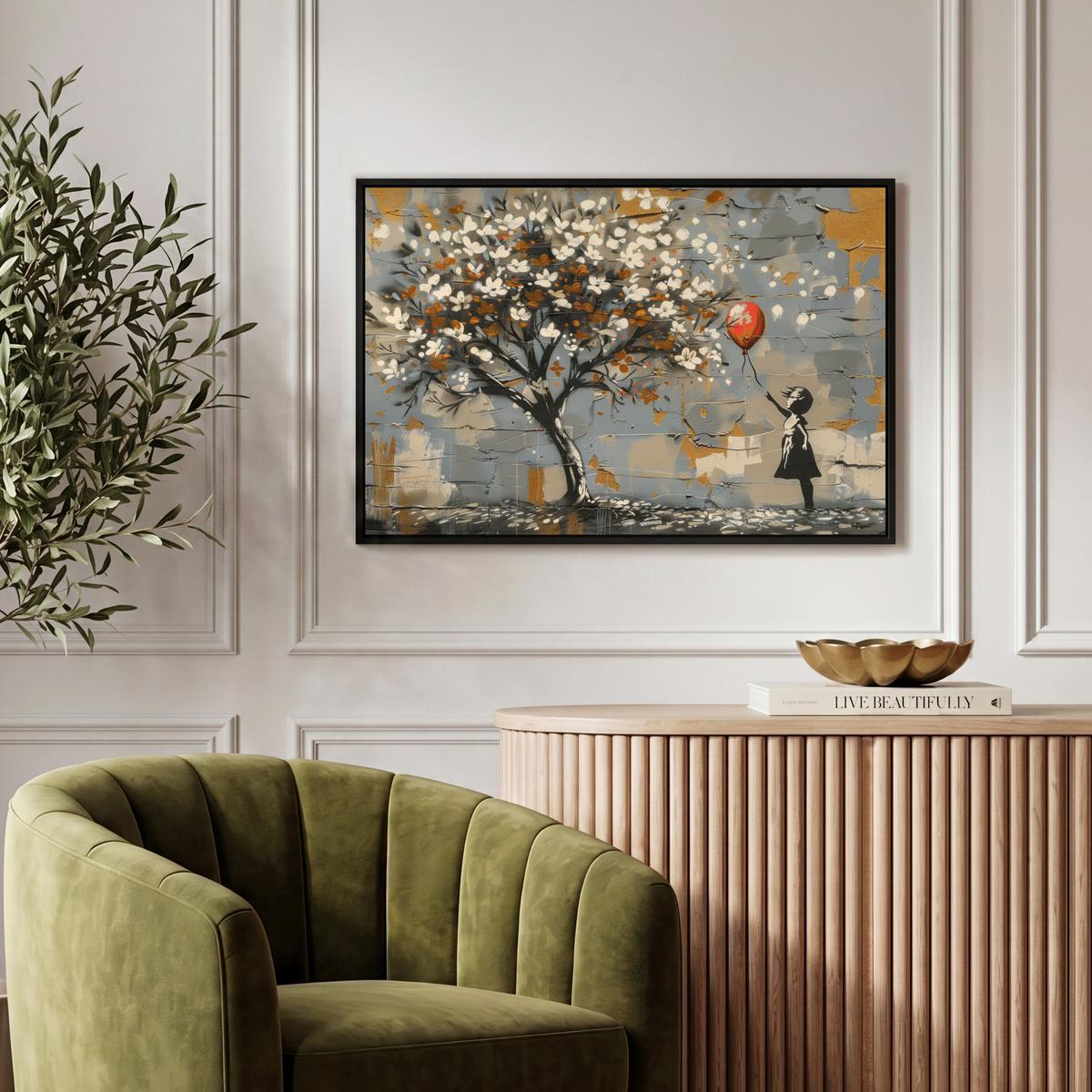 LEINWAND Bilder mit Rahmen - Baum - Graffiti - Banksy-Stil - Ballon-Mädchen - 60x40 - Blaugrau, Textil (60/40cm) - MuchoWow