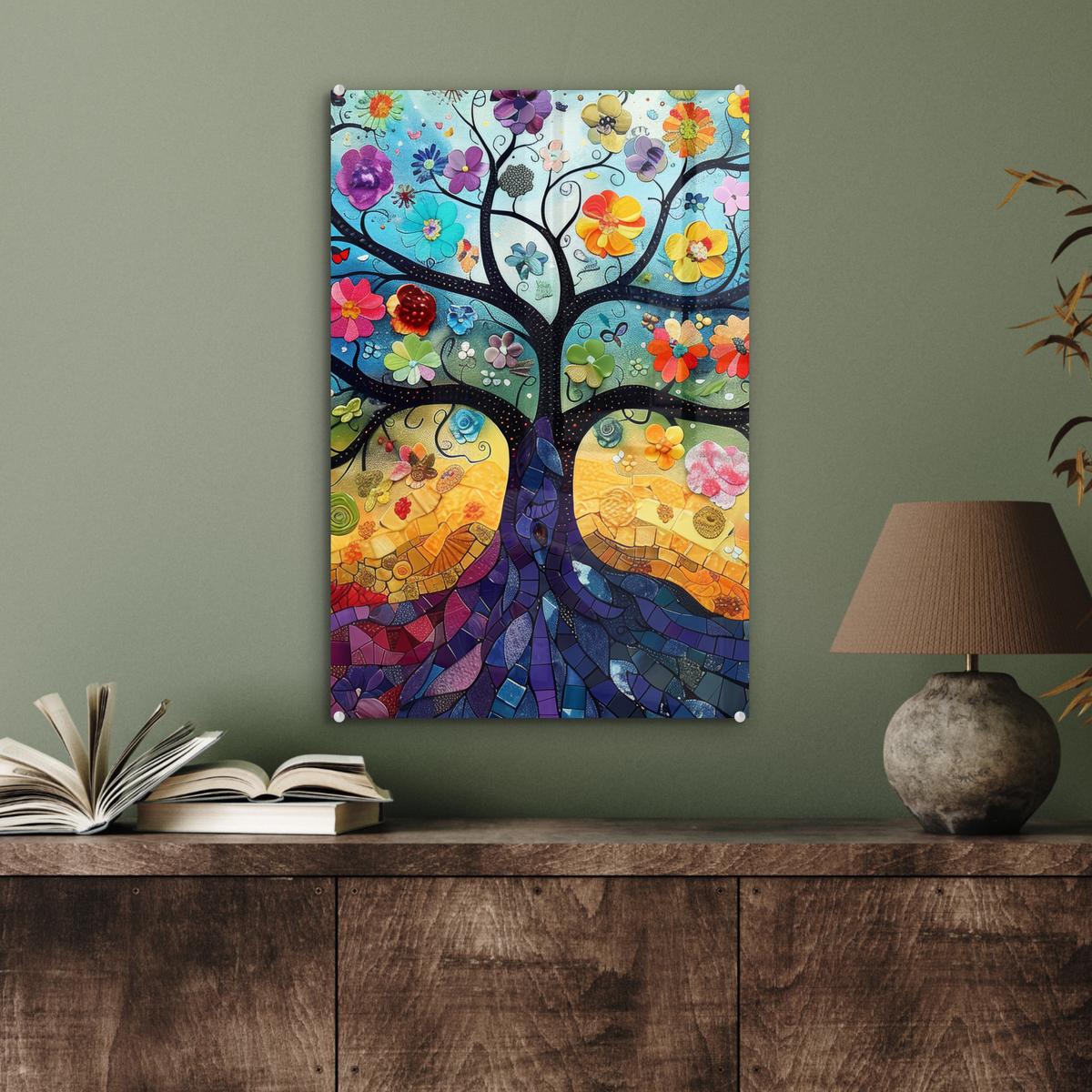 ACRYLGLASBILD Kunst - Baum des Lebens - Blumen - Hippie Wanddeko Wohnzimmer 40x60 cm - Dunkelblau, Glas (40/60cm) - MuchoWow