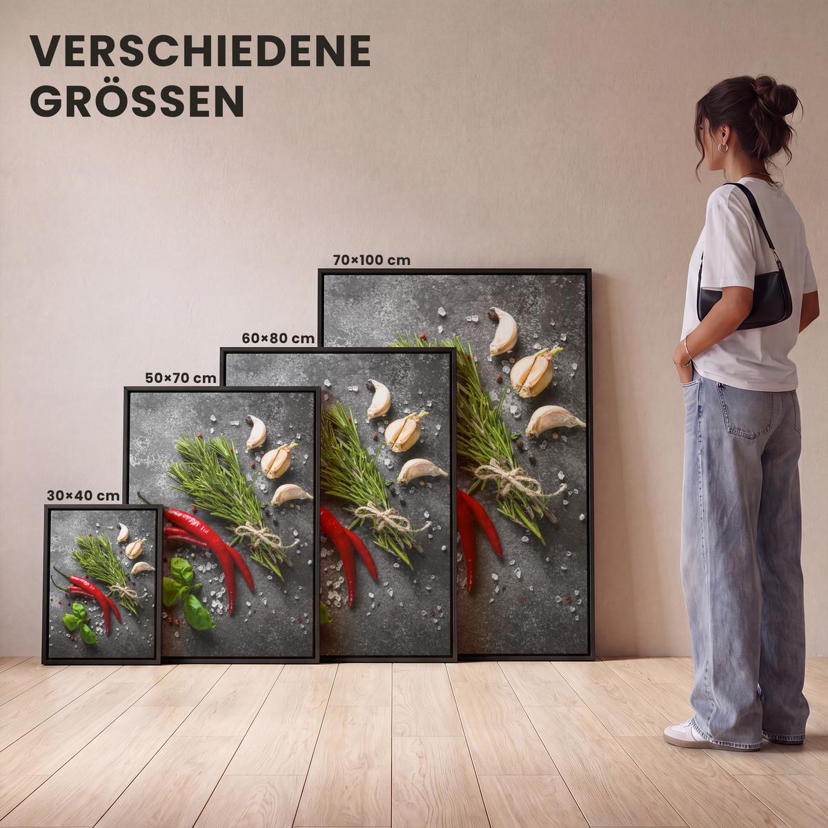 LEINWAND Bilder mit Rahmen - Pfeffer - Kräuter - Gewürze - Beton - 30x40 - Dunkelgrau, Textil (30/40cm) - MuchoWow