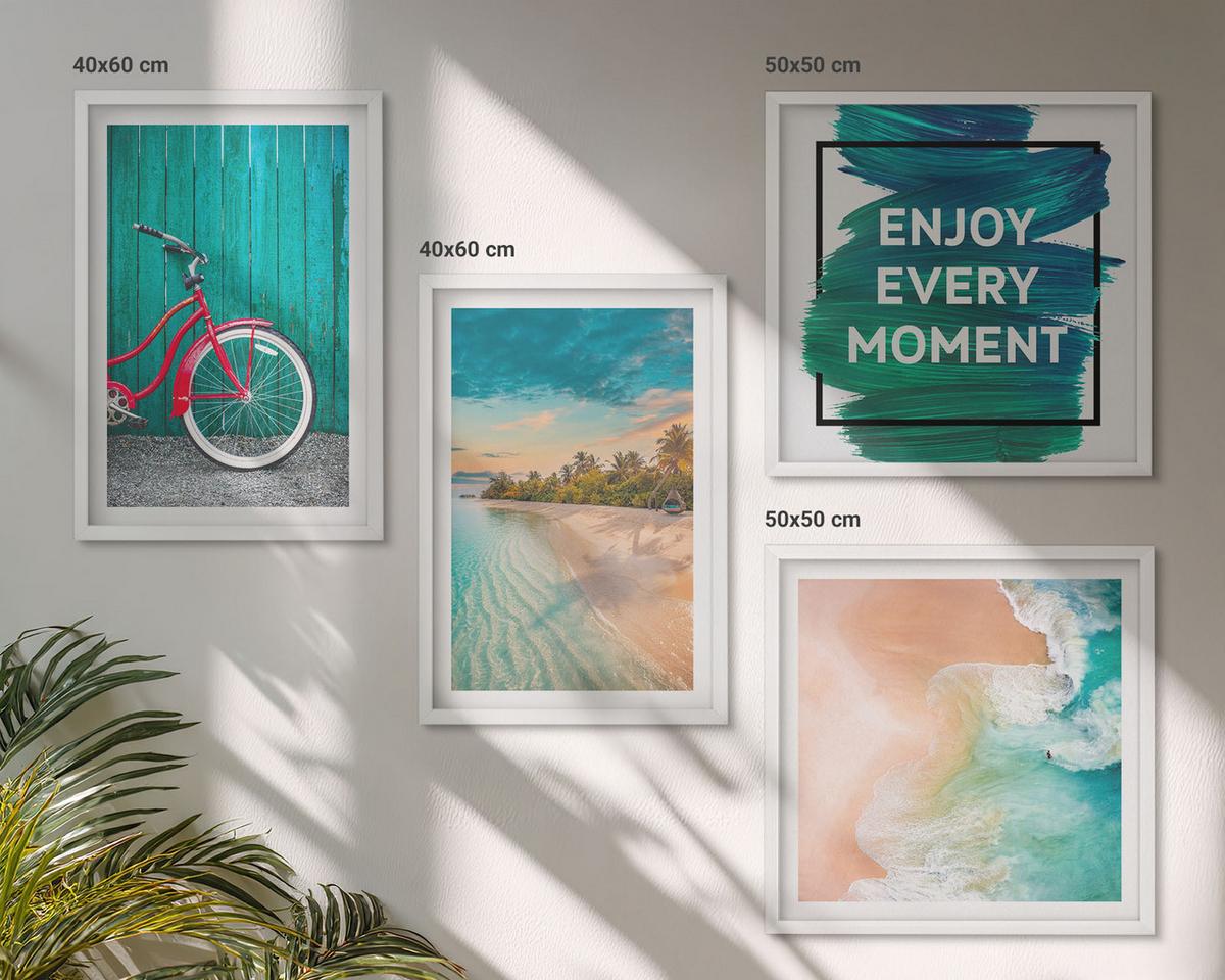 BILDER SET 4er Set - 50x50 cm & 40x60 cm Weißer Rahmen - Inspiration für ein Fahrrad mit Seeboot - Weiß, Kunststoff (50/50cm) - TULUP