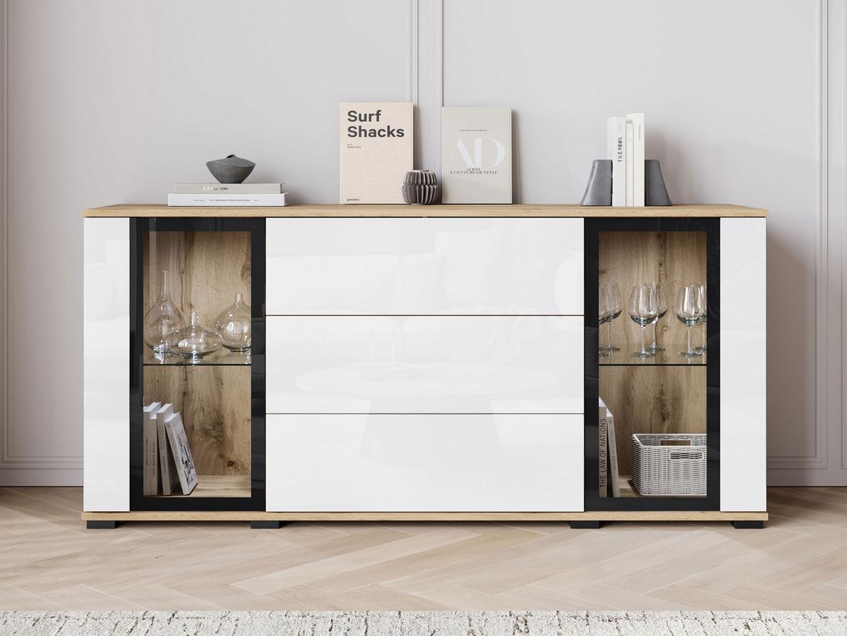 SIDEBOARD Caro SB 150 2D3S mit weißer LED Beleuchtung - Eiche Wotan/Schwarz, Holzwerkstoff/Kunststoff (150/70/40cm) - MIRJAN24