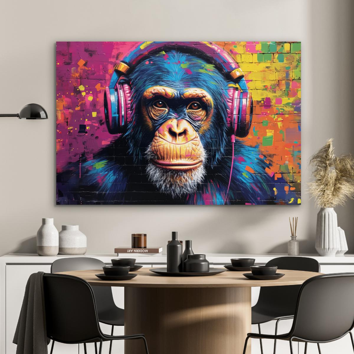 METALLBILD Graffiti - Schimpanse - Straßenkunst - Kopfhörer - Affe Wanddeko 90x60 cm - Blau, Metall (90/60cm) - MuchoWow
