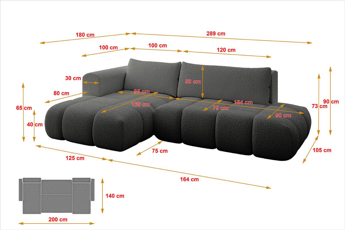 ECKSOFA Ottomane Links CLOUD-L 280x185x90 Grau Bouclé - Grau, Holzwerkstoff/Kunststoff (280/185cm) - ALTDECOR