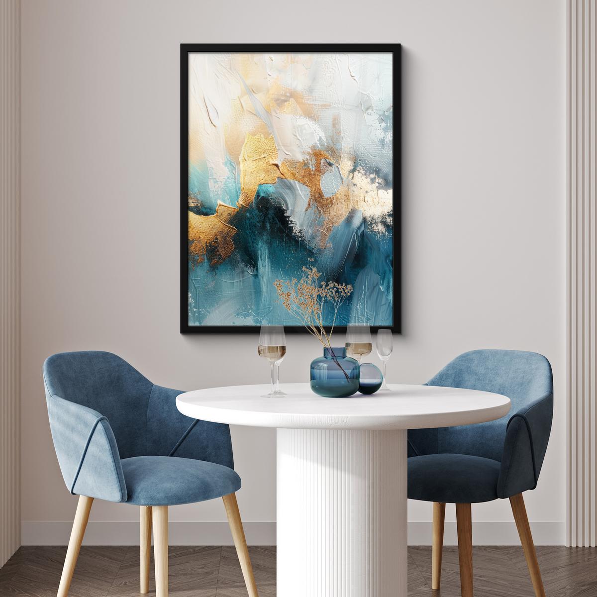 POSTER MIT RAHMEN Abstrakt - Kunst - Gold - Blau Posterleiste 60x80 cm - Petrol, Papier (60/80cm) - MuchoWow
