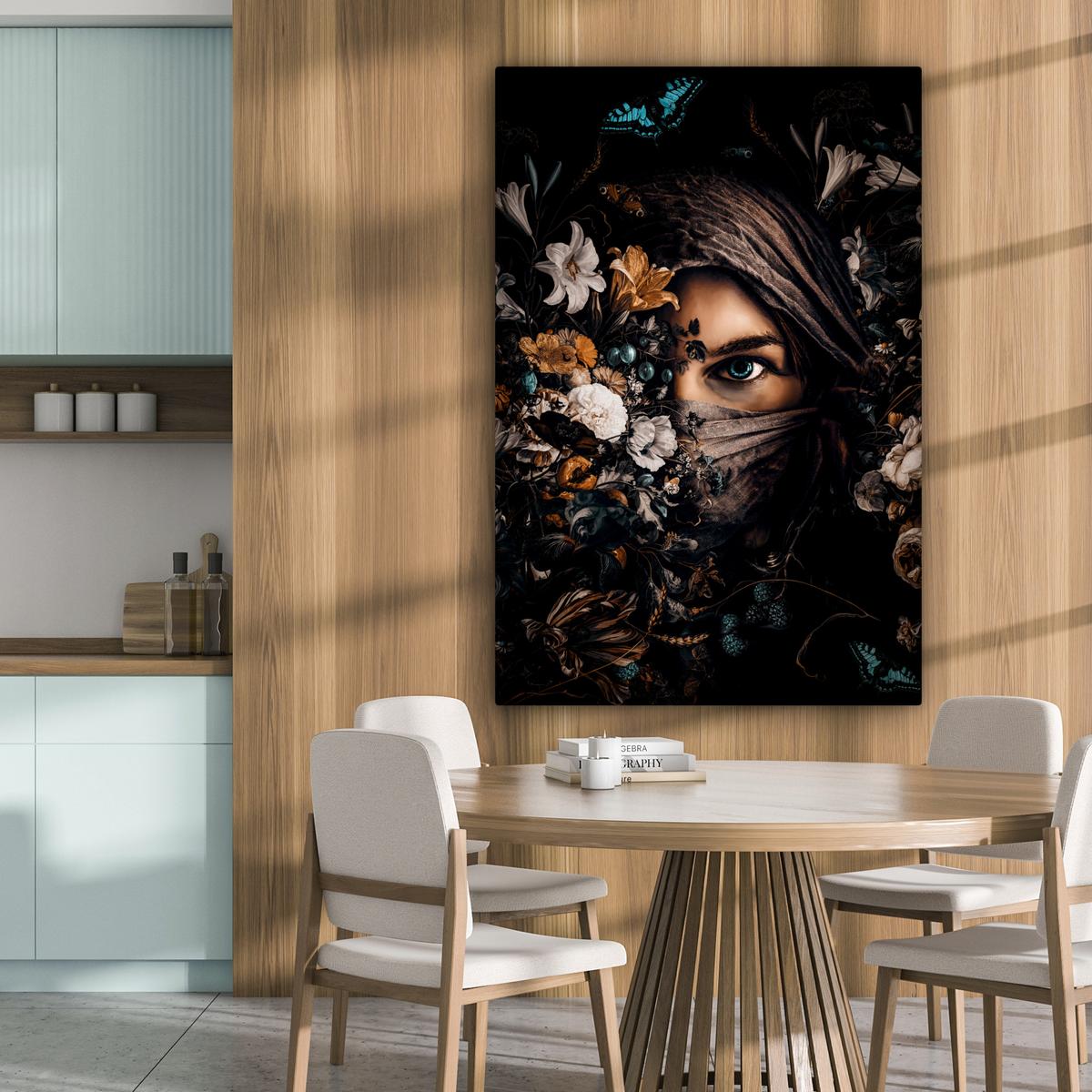LEINWANDBILD Frau - Luxus - Blumen - Schmetterling - Porträt Deko XXL 80x120 cm - Schwarz, Textil (80/120cm) - MuchoWow