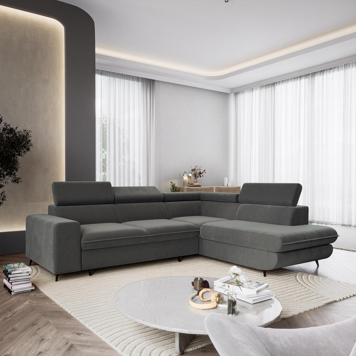 ECKSOFA VELISS Grau Veloursstoff mit Schlaffunktion - Grau, Holz (255/193cm) - MASSENO
