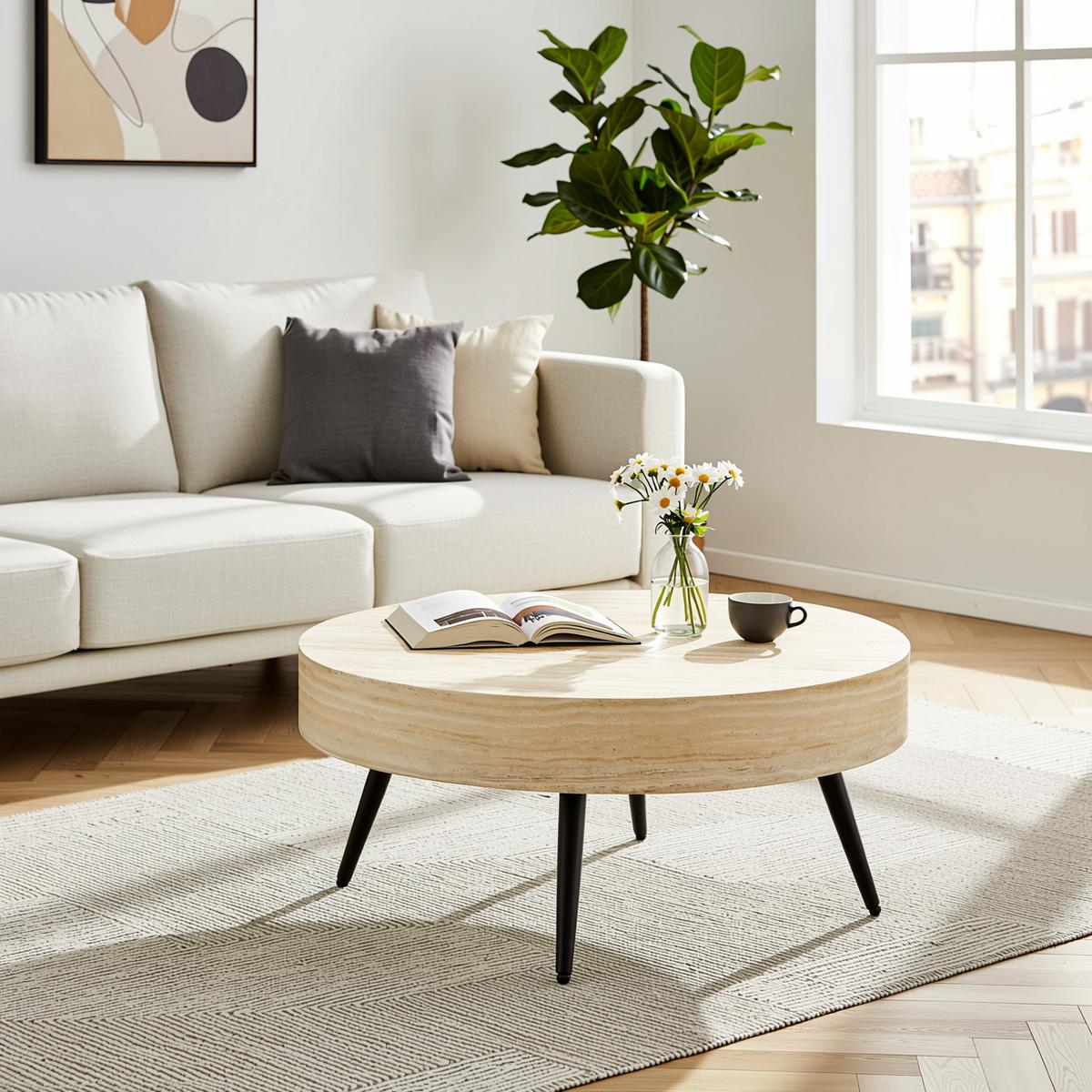 COUCHTISCH runder kaffeetisch travertin-optik - Naturfarben, Holzwerkstoff (70/70/35.5cm) - Urban Meuble