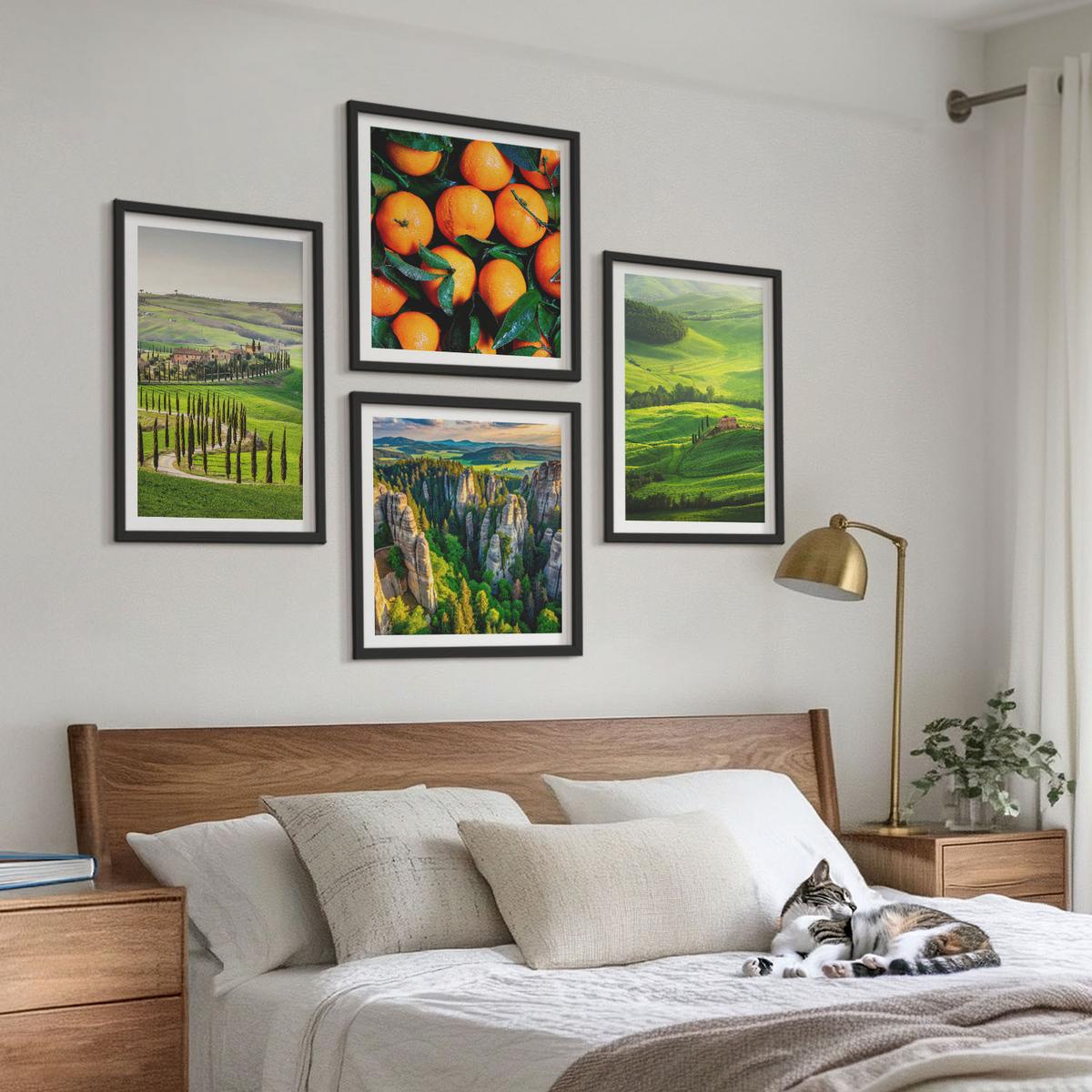 BILDER SET 4er Set - 50x50 cm & 40x60 cm Schwarzer Rahmen - Italienische Landschaft Orangen Natur - Schwarz, Kunststoff (50/50cm) - TULUP