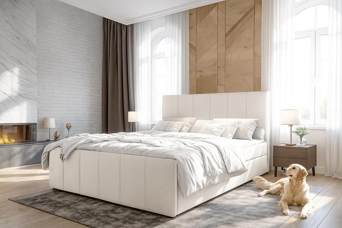 BOXBETT LEVENTE 160x200 cm mit Bettkasten und Matratze - Beige + TOPPER - Beige/Schwarz, Holz/Holzwerkstoff (160/200cm) - AX Living