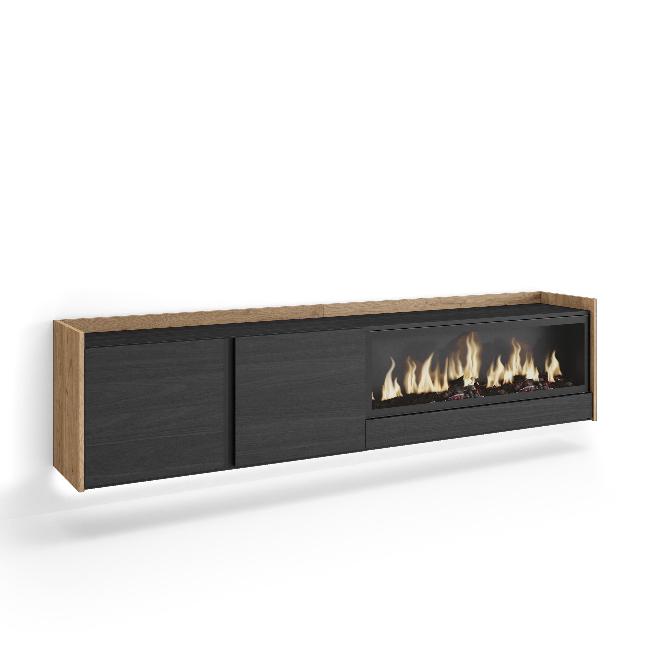 LOWBOARD, Schwarz und Eiche, 212/35/50cm, Kamin mit Feuereffekt XXL - Schwarz, Holzwerkstoff (212/50/35cm) - Skraut Home