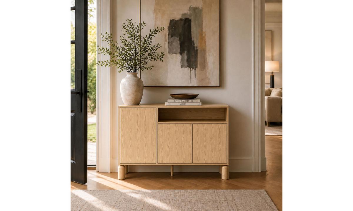 KOMMODE LINDEN 140/40,6/91,6 cm 3 Türen offenes Fach Eiche Bookmatch - Eichefarben, Eichenholz/Holzwerkstoff (140/91.6/40.6cm) - Lookway