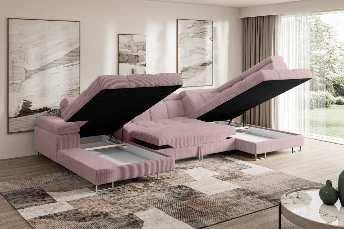 WOHNLANDSCHAFT mit Schlaffunktion und Bettkasten Ottomane RECHTS COMA U 345x203x79 Rosa Cord - Rosa, Holzwerkstoff/Textil (203/79/345cm) - ALTDECOR