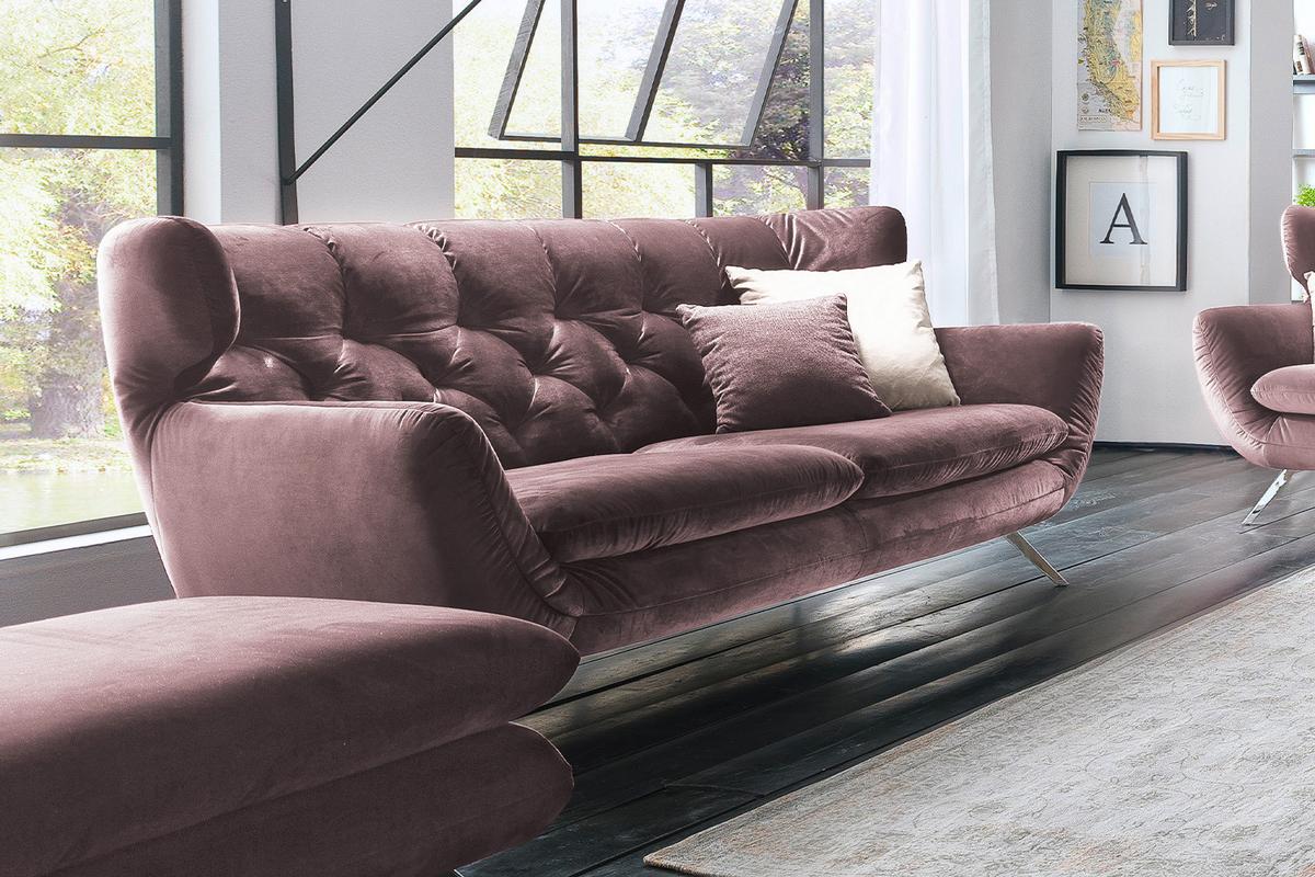 SOFA CHARME Grau Velvet - Silberfarben/Altrosa, Textil/Metall (175/94/95cm) - KAWOLA