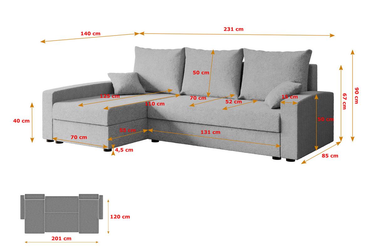 ECKSOFA mit Schlaffunktion und Bettkasten ALESIA-L 231x140x90 cm Grau Bouclé - Silberfarben/Hellgrau, Holzwerkstoff/Kunststoff (231/140cm) - ALTDECOR