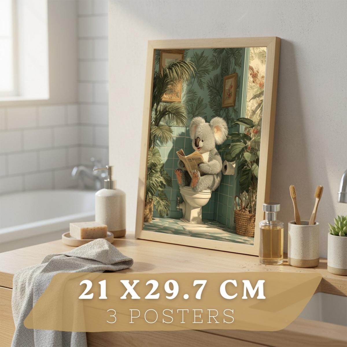 POSTER 3er-Set lustige Badezimmer-Drucke, Panda- und Koala-Tiermotive für Toilette, witziges für Toilette, Vintage-Botanik-Stil Leichter Holzrahmen A4 - Beige, Papier (29.7/21/3cm) - Nacnic