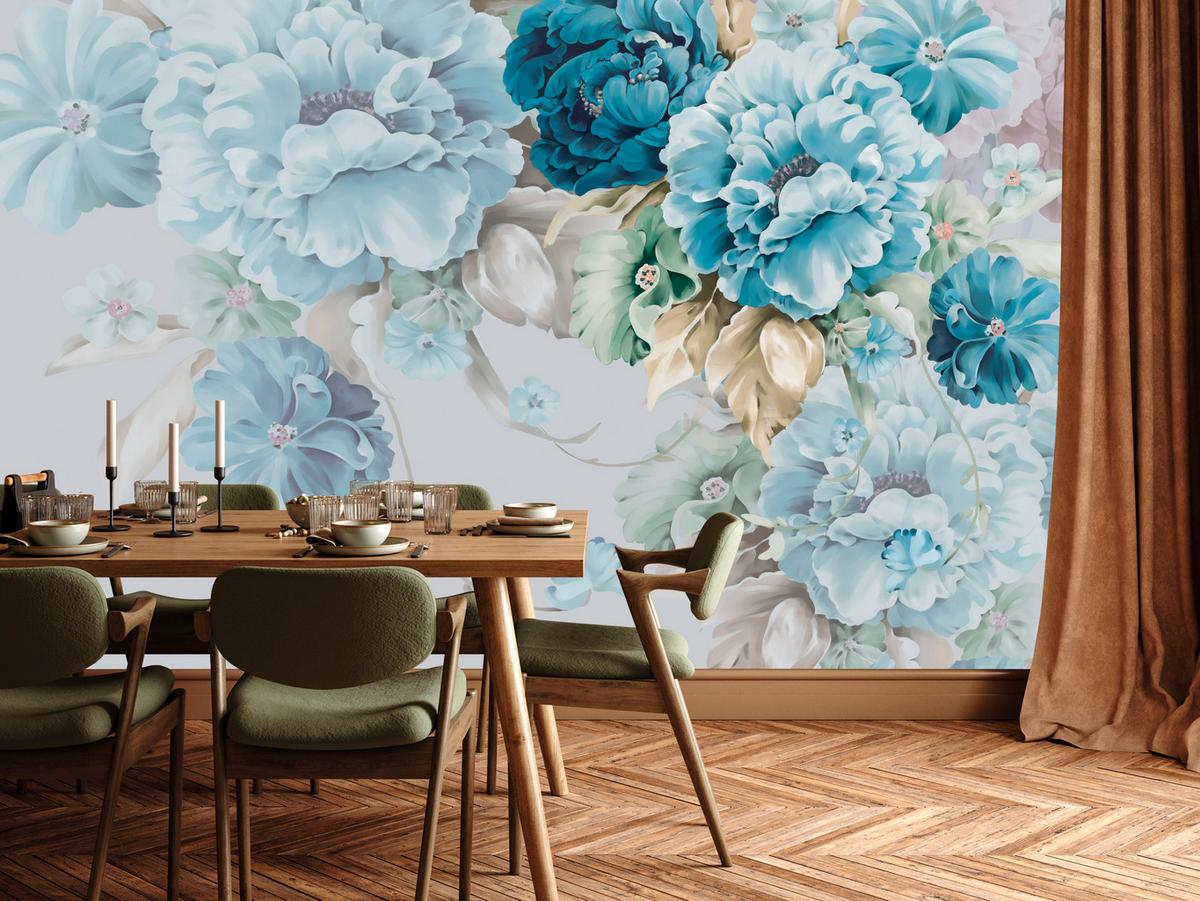 FOTOTAPETE für Schlafzimmer Blaue Pfingstrosen Zart Blumen Boho 100x70 - Blau/Gelb, Papier (100/70cm) - Muralo